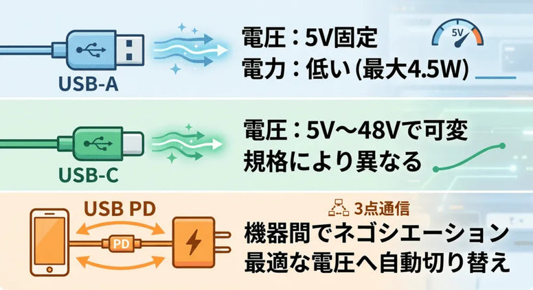 USBの電圧規格｜USB-A・USB-C・PDの違いと充電トラブルの原因・対処法
