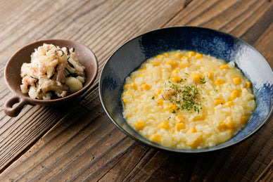 【防災レシピ】コーンリゾットとツナとひじきのポテサラ