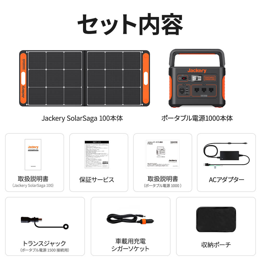 Jackery Solar Generator 1000 ポータブル電源 ソーラーパネル セットのセット内容物