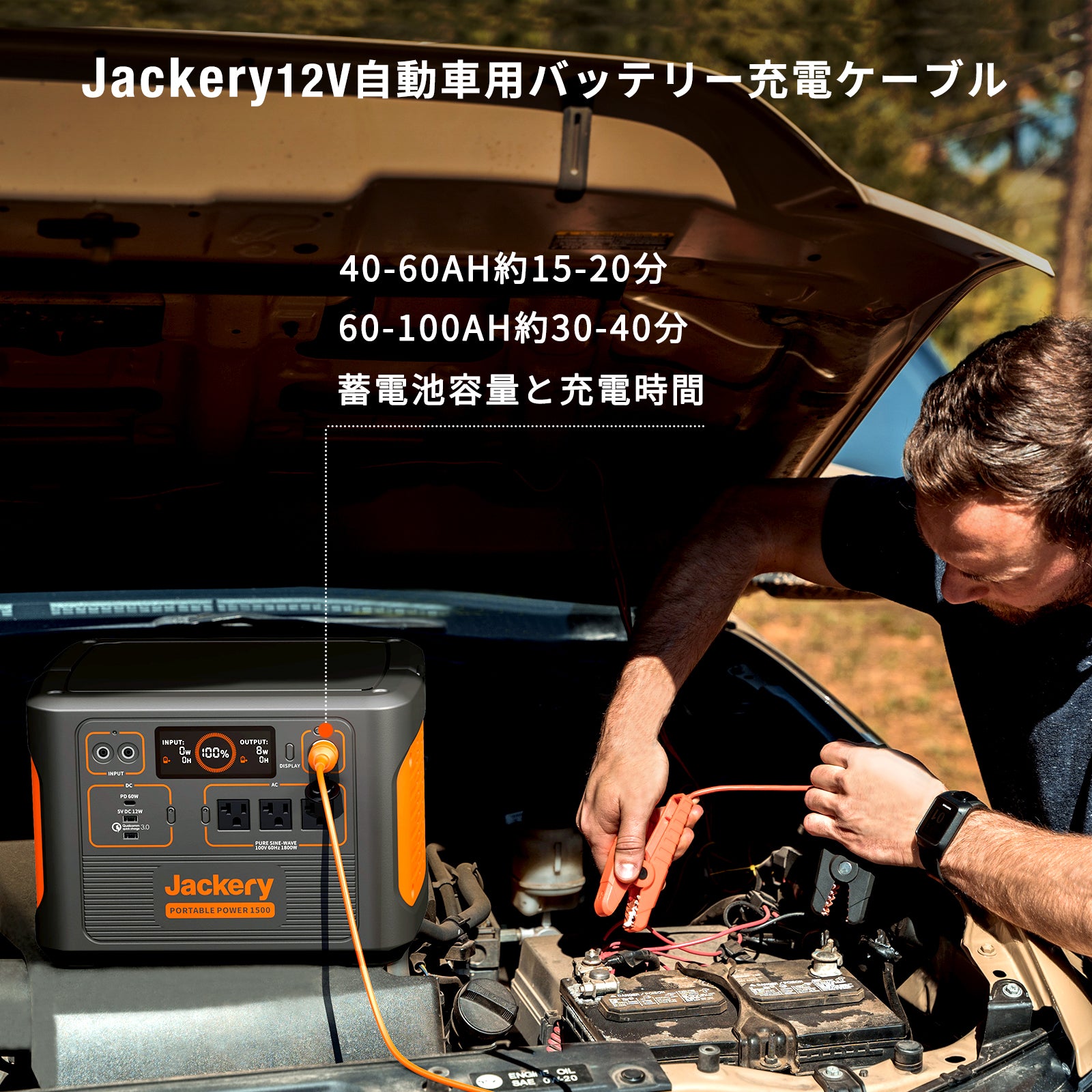 Jackery 12V 自動車用バッテリー充電ケーブル | ワニ口クリップ付き