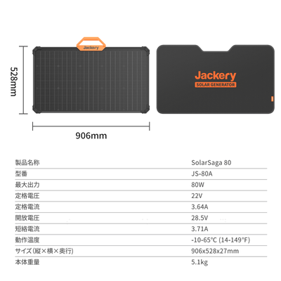 Jackery SolarSaga 80W ソーラーパネルのスペック詳細