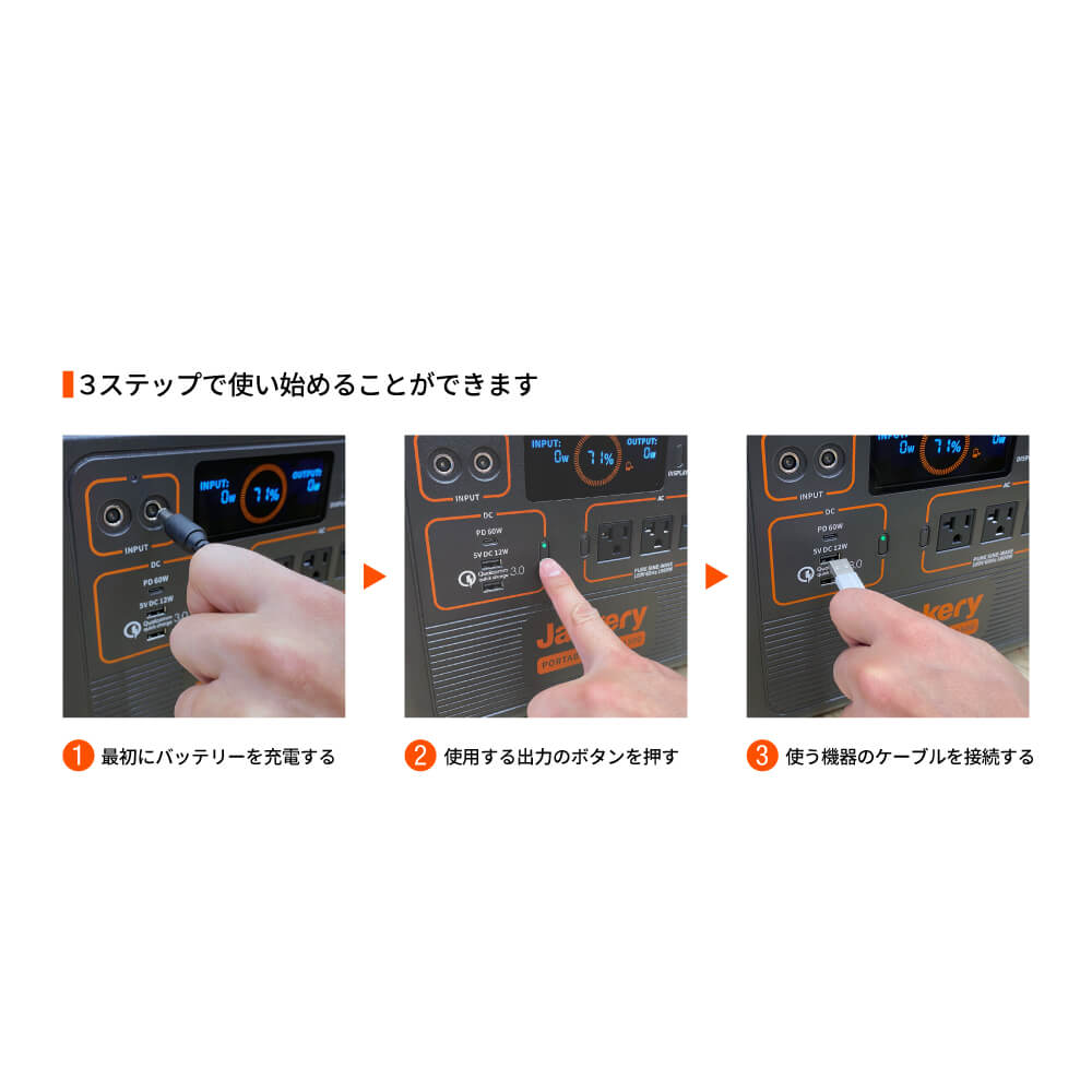 Jackery ポータブル電源 1500は３ステップで使い始められる