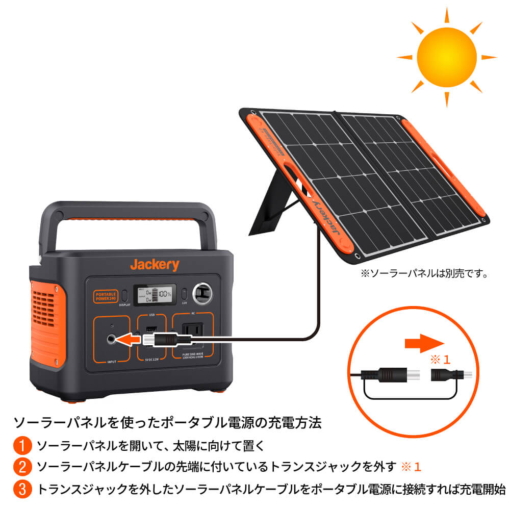 ソーラーパネルを使ったJackery ポータブル電源 240の充電方法