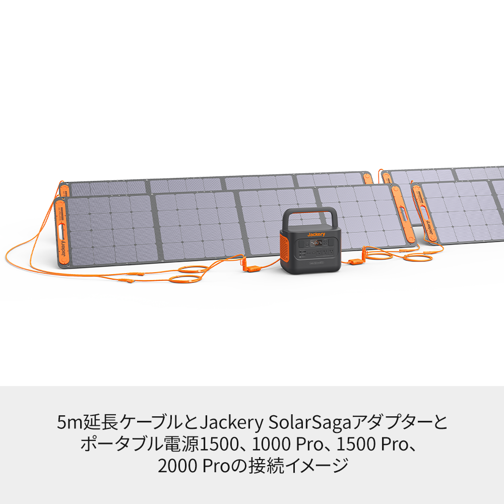 Jackery SolarSaga 5M延長ケーブルと、Jackery SolarSaga アダプターとポータブル電源1500、1000Pro、1500Pro、2000Proの接続イメージ