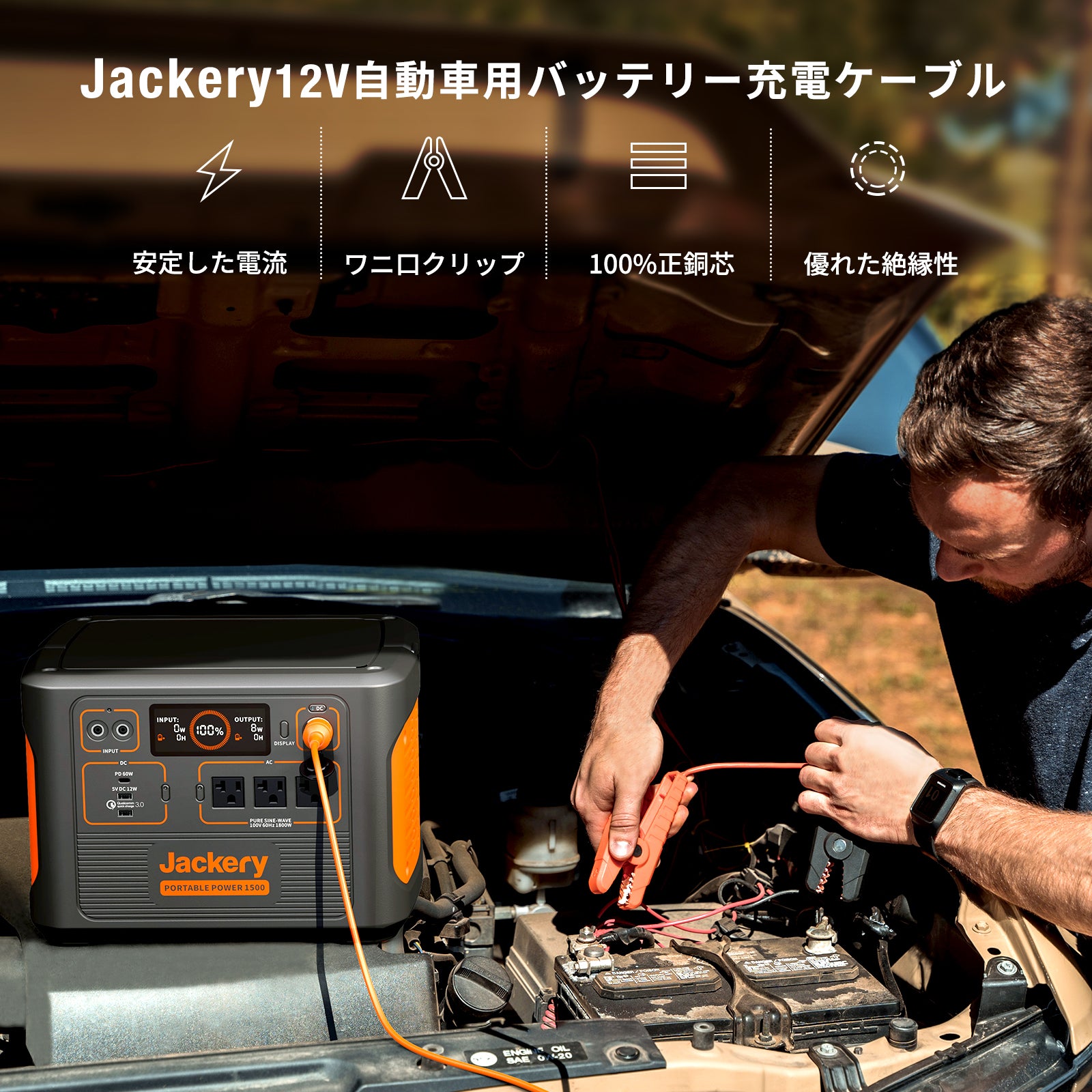 Jackery 12V 自動車用バッテリー充電ケーブル | ワニ口クリップ付き